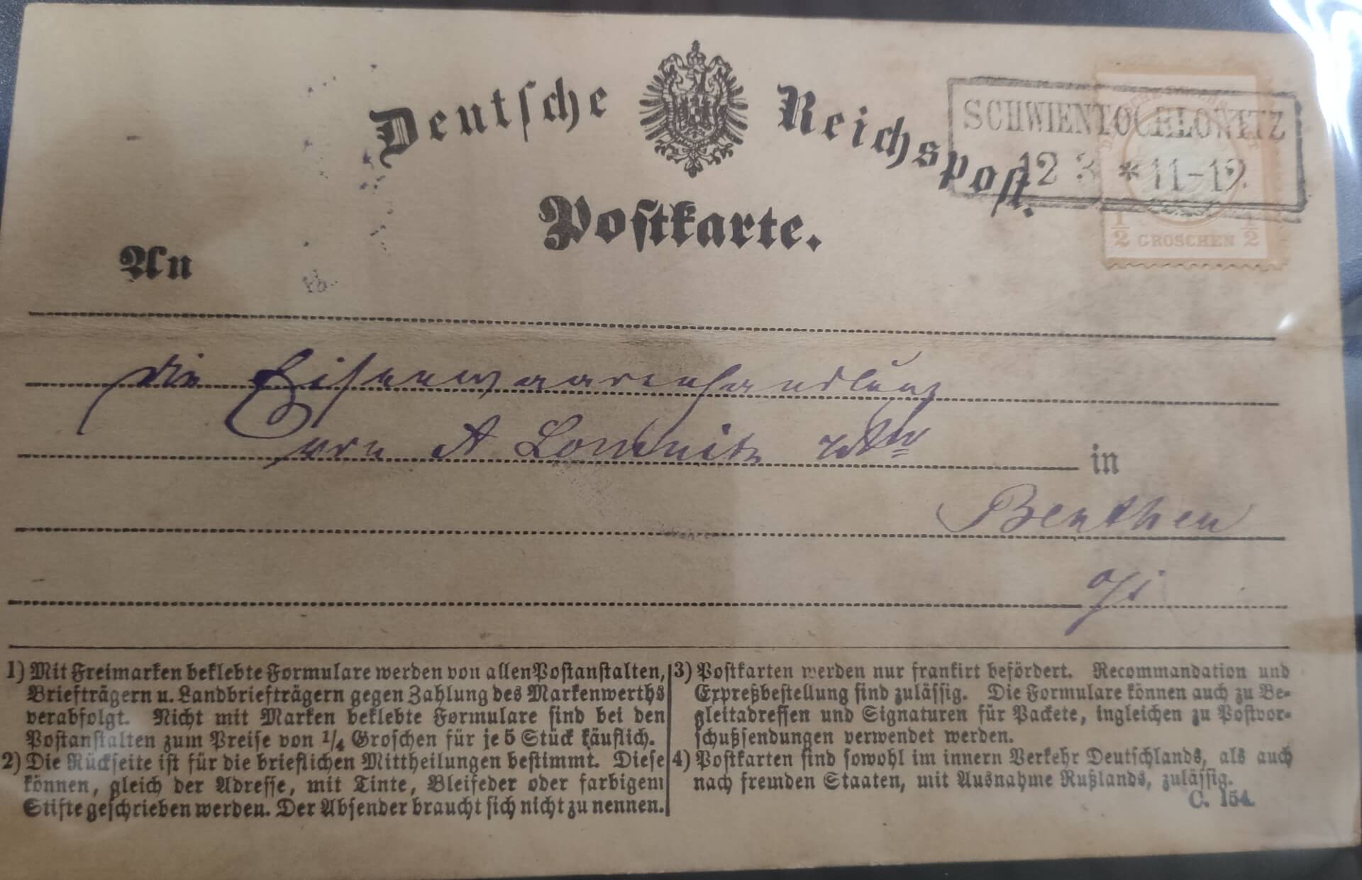 Karta pocztowa Deutsche Reichspost stemplowana datownikiem Schwientochlowitz